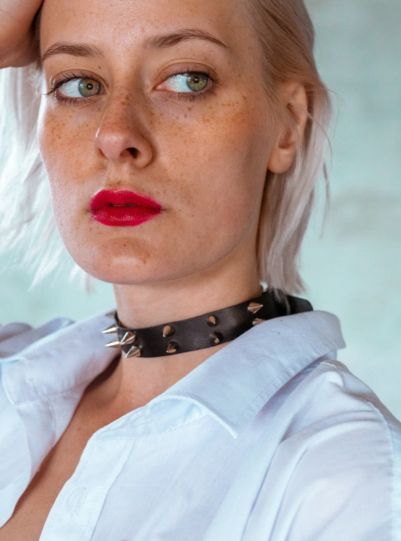 Leather Collar With Spikes - Double Row
